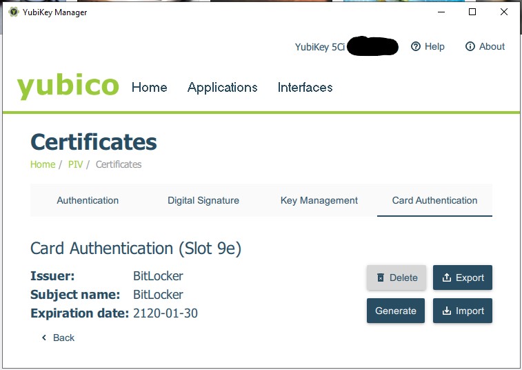 YubiKey Manager Certificates